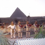 A band dressed in allegedly “ancient Egyptian” costumes serenades us with bagpipes (yes, bagpipes!) before the Sound & Light Show at the Giza Pyramids—weird!