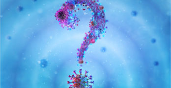 Coronavirus COVID-19 infection 3D question mark illustration. Floating pathogen respiratory influenza covid19 corona virus cells.
